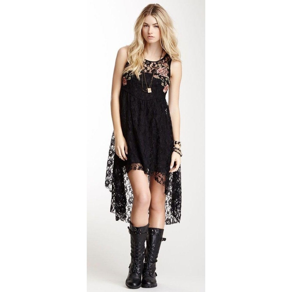 Free People Black Russian Nesting Doll Lace Floral Whimsigoth Fairy Dress XS 0/2